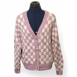 Just Polly Checkered Purple and White Button Up Cardigan Knit Sweater | Size L